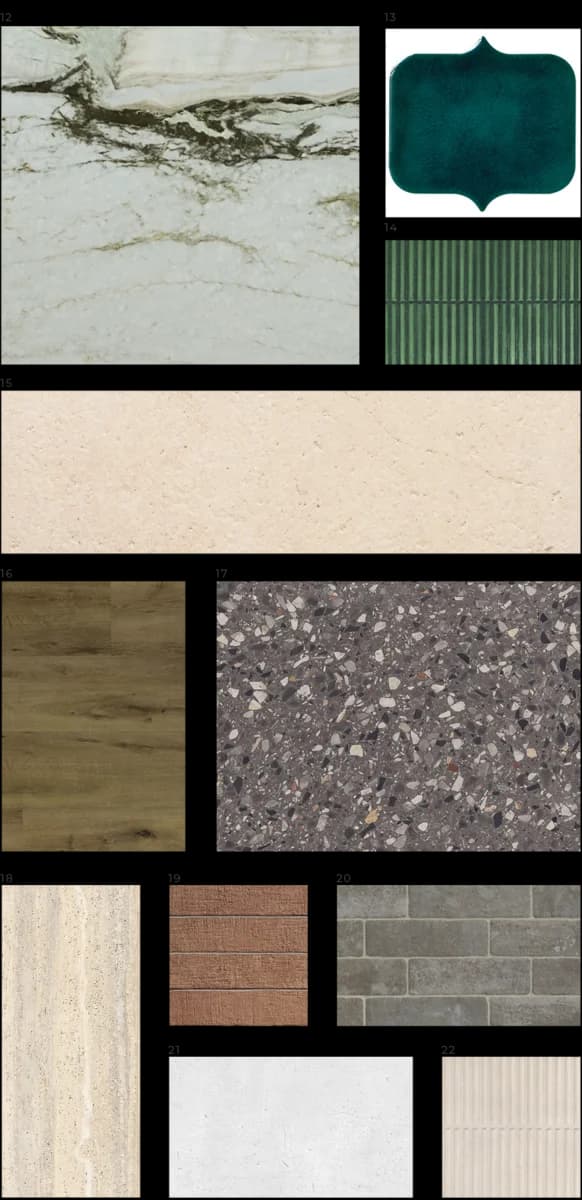 Alla Famiglia design board — Finishes & Material Palette
