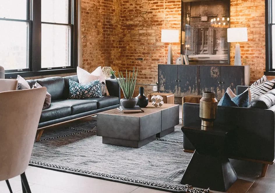 Staged industrial loft living room in Portland, Oregon by Greylyn Wayne